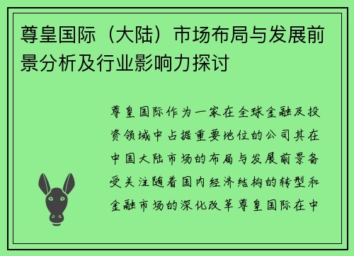 尊皇国际（大陆）市场布局与发展前景分析及行业影响力探讨